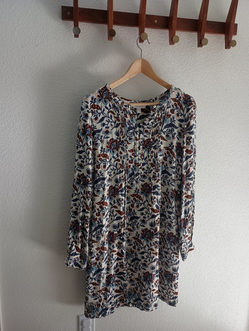 Garnet Hill Cream Floral Long-Sleeve Shift Tunic Dress Size Small